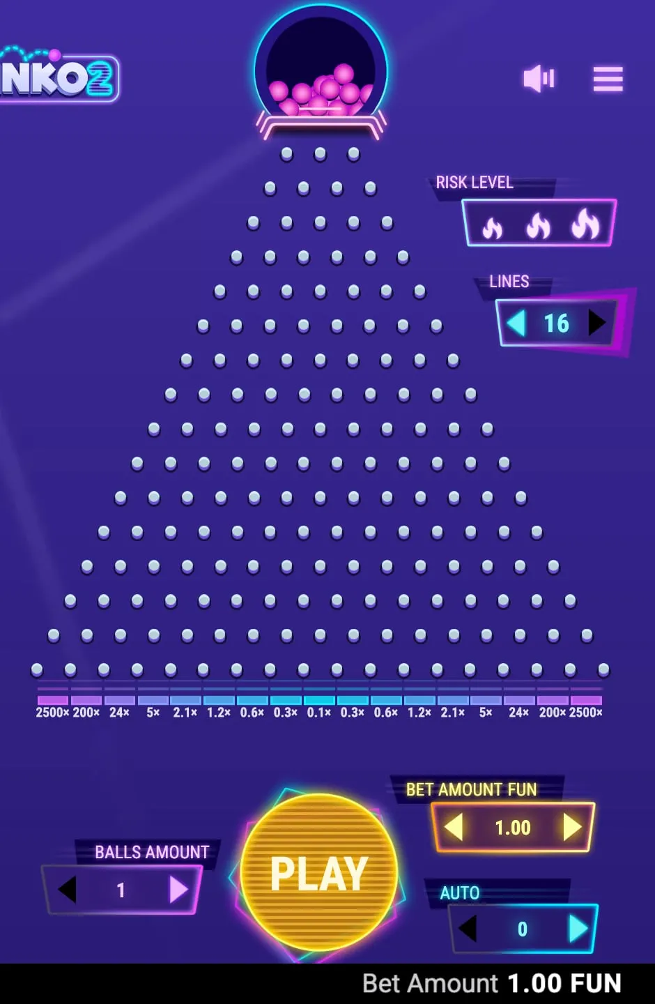 Plinko 2 con 16 file e rischio alto: buche da 0,1x al centro e 2.500x ai bordi