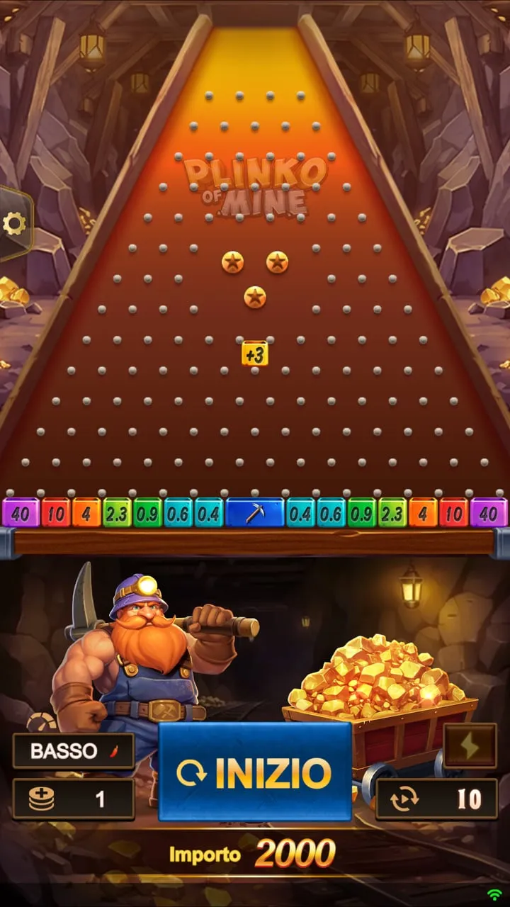 Plinko of Mine di TaDa Gaming nella demo ufficiale in italiano: piramide nella miniera, quindici buche, pulsante Inizio e volatilità Basso