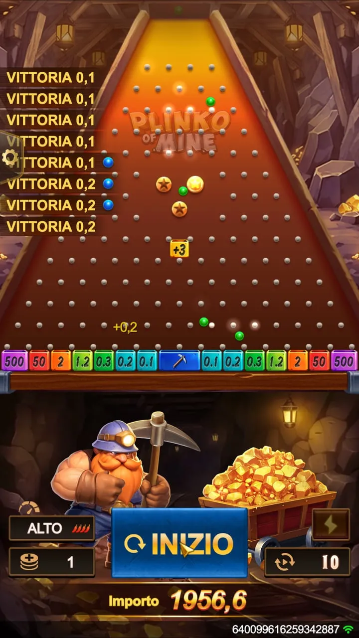 Plinko of Mine con le palline gratuite blu in caduta e l’elenco delle vincite a sinistra