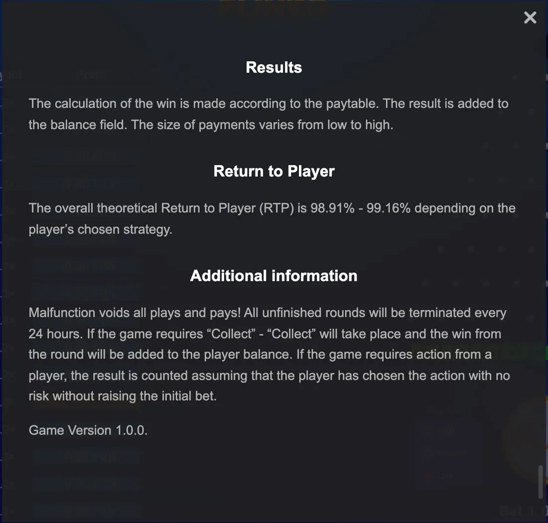 Le regole del Plinko di BGaming con la voce Return to Player dal 98,91% al 99,16%