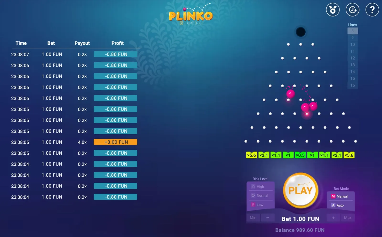 Plinko con 8 file e rischio Low dopo alcune palline: una vincita da 1,1x e la tabella con profitti in parte negativi